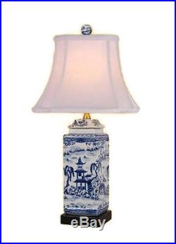 Blue and White Blue Willow Porcelain Square Jar Table Lamp w Finial 23.5
