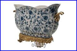 Blue and White Chinoiserie Porcelain Oval Basin Brass Ormolu Accents 10.5