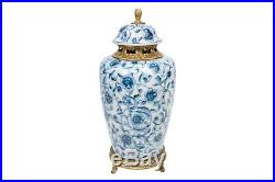 Blue and White Crackle Porcelain Chinoiserie Floral Temple Jar 15.5 Ormolu
