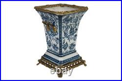 Blue and White Floral Bird Motif Porcelain Square Vase Brass Ormolu Accent 10