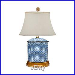 Blue and White Geometric Oval Porcelain Vase Table Lamp 19.5