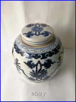Blue and White Oriental Porcelain Ginger Jar With Lid