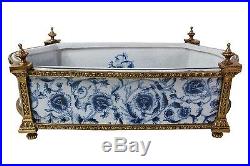 Blue and White Porcelain Floral Chinoiserie Rectangular Basin Ormolu Accents