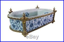 Blue and White Porcelain Floral Chinoiserie Rectangular Basin Ormolu Accents