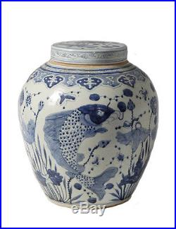 Blue and White Porcelain Ginger Jar Fish Motif 16