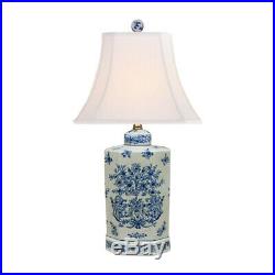 Blue and White Porcelain Tea Caddy Chinoiserie Floral Motif Table Lamp 24.5