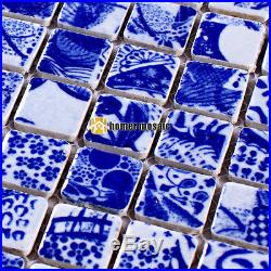 Blue & white porcelain ceramic backsplash tiles bathroom shower mosaic HMCM1035