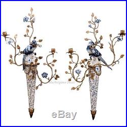 Bronze Ormolu Blue White Parrot Bird Porcelain Wall Sconce Candle Holders Set/2