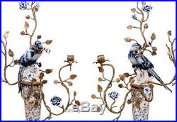Bronze Ormolu Blue White Parrot Bird Porcelain Wall Sconce Candle Holders Set/2