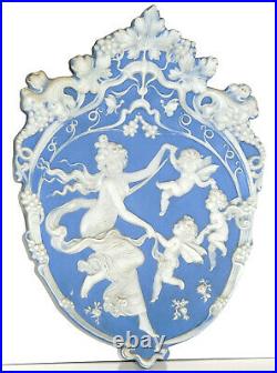 C. 1905 Volkstedt Blue German Jasperware Bisque Plaque Maiden & Cherubs Dancing