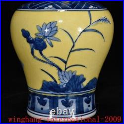 China Ancient Yellow glaze Blue&white porcelain fish lotus exquisite bottle vase