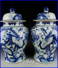 China Antique Pair of Blue&White Porcelain Vases w Bird&Flower