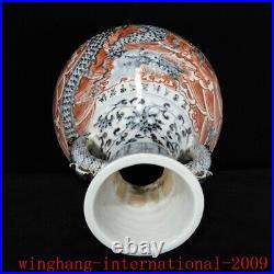 China Ming Blue&white porcelain Alum red seawater loong grain design bottle vase