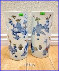 Chinese Antique A Pair Of Blue And White Porcelain Hat Stand Vases Qing Dynasty