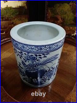 Chinese Antique Blue and White Porcelain plum blossom bird Pen Holder 5.25inch