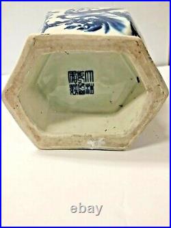 Chinese Blue And White Porcelain Hexagonal Vase, Height 16 1/4 Signed