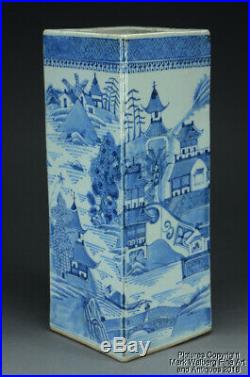Chinese Blue & White Canton Porcelain Square Form Vase, Landscape, 19th Century