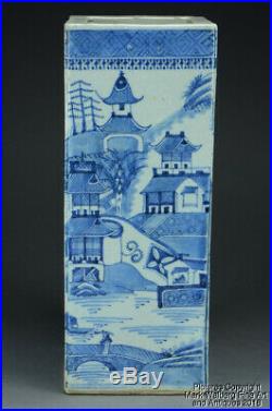 Chinese Blue & White Canton Porcelain Square Form Vase, Landscape, 19th Century