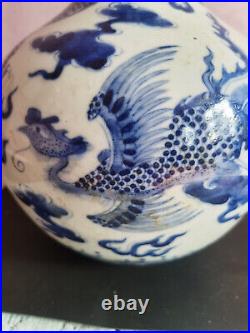 Chinese Blue White Dragon and Phoenix Porcelain Vase Marked