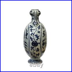 Chinese Blue White Porcelain Oriental Phoenix Round Shape Flat Vase ws3045