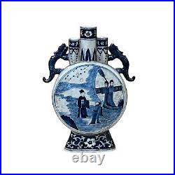 Chinese Blue White Porcelain Round Flat Body People Theme Vase ws2989