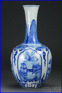 Chinese Blue & White Porcelain Vase, Scholars Items, Kangxi Mark & Period