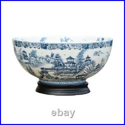 Chinese Blue and White Blue Willow Porcelain Bowl w Base 14 Diameter