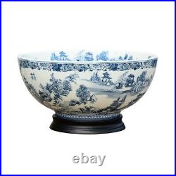 Chinese Blue and White Blue Willow Porcelain Bowl w Base 14 Diameter