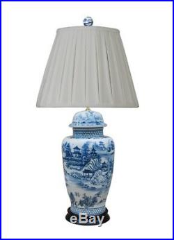Chinese Blue and White Blue Willow Porcelain Temple Jar Table Lamp 31.5