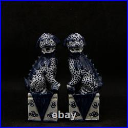 Chinese Blue and White Porcelain Foo Fu Dog Guardion Lion Ceramics Statue 6.70
