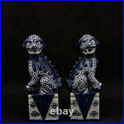 Chinese Blue and White Porcelain Foo Fu Dog Guardion Lion Ceramics Statue 6.70
