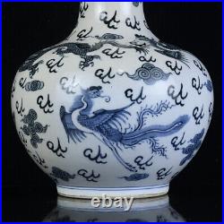 Chinese Blue&white Porcelain HandPainted Exquisite Dragon&Phoenix Vase 19646