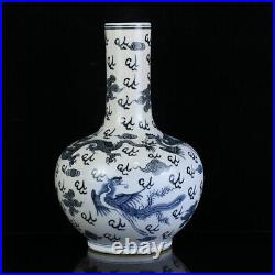 Chinese Blue&white Porcelain HandPainted Exquisite Dragon&Phoenix Vase 19646