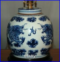 Chinese DRAGON GINGER JAR Lamps Blue & White Porcelain Flaming Pearl Canton Pair
