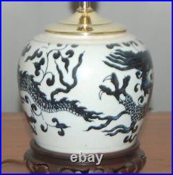 Chinese Dragon CANTON GINGER JAR Lamp Blue & White Porcelain Vase Brass Teak