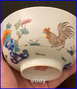 Chinese Famille rose Blue & White Handpainted chicken Bowl Signed Porcelain