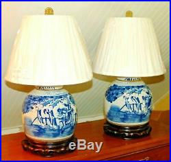Chinese GINGER JAR LAMPS Blue & White Porcelain Qilin Boys Foo Dog Pair 2G