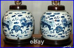 Chinese GINGER JAR LAMPS Foo Dogs Blue & White Porcelain One or Pair Qilin
