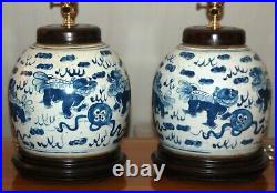 Chinese GINGER JAR LAMPS Foo Dogs Blue & White Porcelain One or Pair Qilin