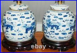 Chinese GINGER JAR LAMPS Foo Dogs Pair Blue & White Porcelain Vases 5-I