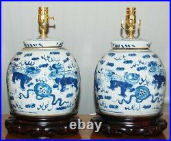 Chinese GINGER JAR LAMPS Foo Dogs Pair Blue & White Porcelain Vases 5-I