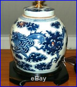 Chinese GINGER JAR LAMPS Pair Blue & White Porcelain Dragon Canton (3P)