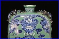 Chinese Green Background Blue&White Porcelain Dragon Pattern Flat Vase