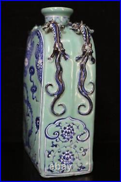 Chinese Green Background Blue&White Porcelain Dragon Pattern Flat Vase