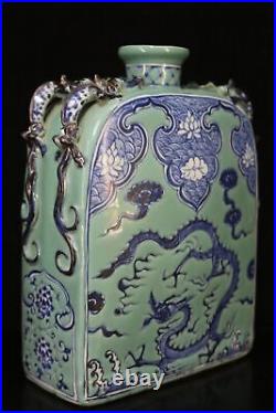 Chinese Green Background Blue&White Porcelain Dragon Pattern Flat Vase