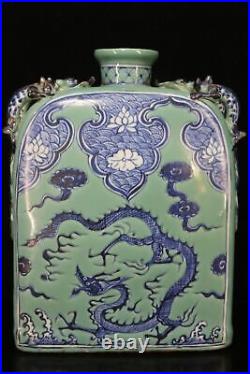 Chinese Green Background Blue&White Porcelain Dragon Pattern Flat Vase