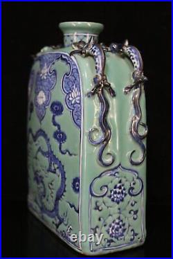 Chinese Green Background Blue&White Porcelain Dragon Pattern Flat Vase