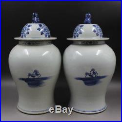 Chinese Old Blue White Bird And Flower Lion Head Pattern Porcelain Temple Jars