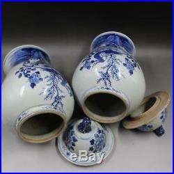 Chinese Old Blue White Bird And Flower Lion Head Pattern Porcelain Temple Jars