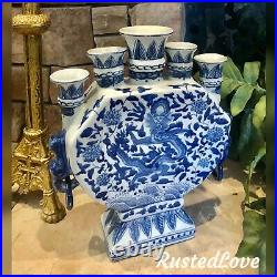 Chinese Oriental Blue and White Porcelain Dragon Bud Vase Tulipiere 5 Finger